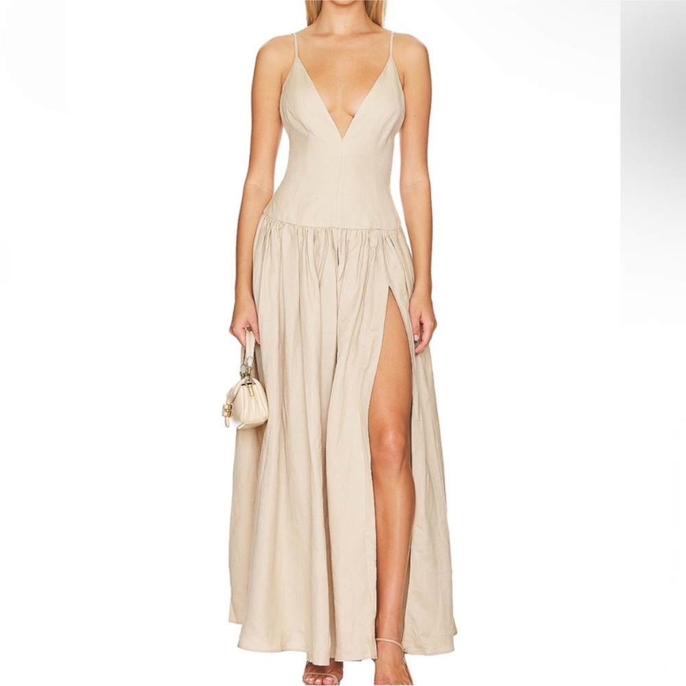 REVOLVE Beige Plunging V-Neck Spaghetti Strap Maxi Dress